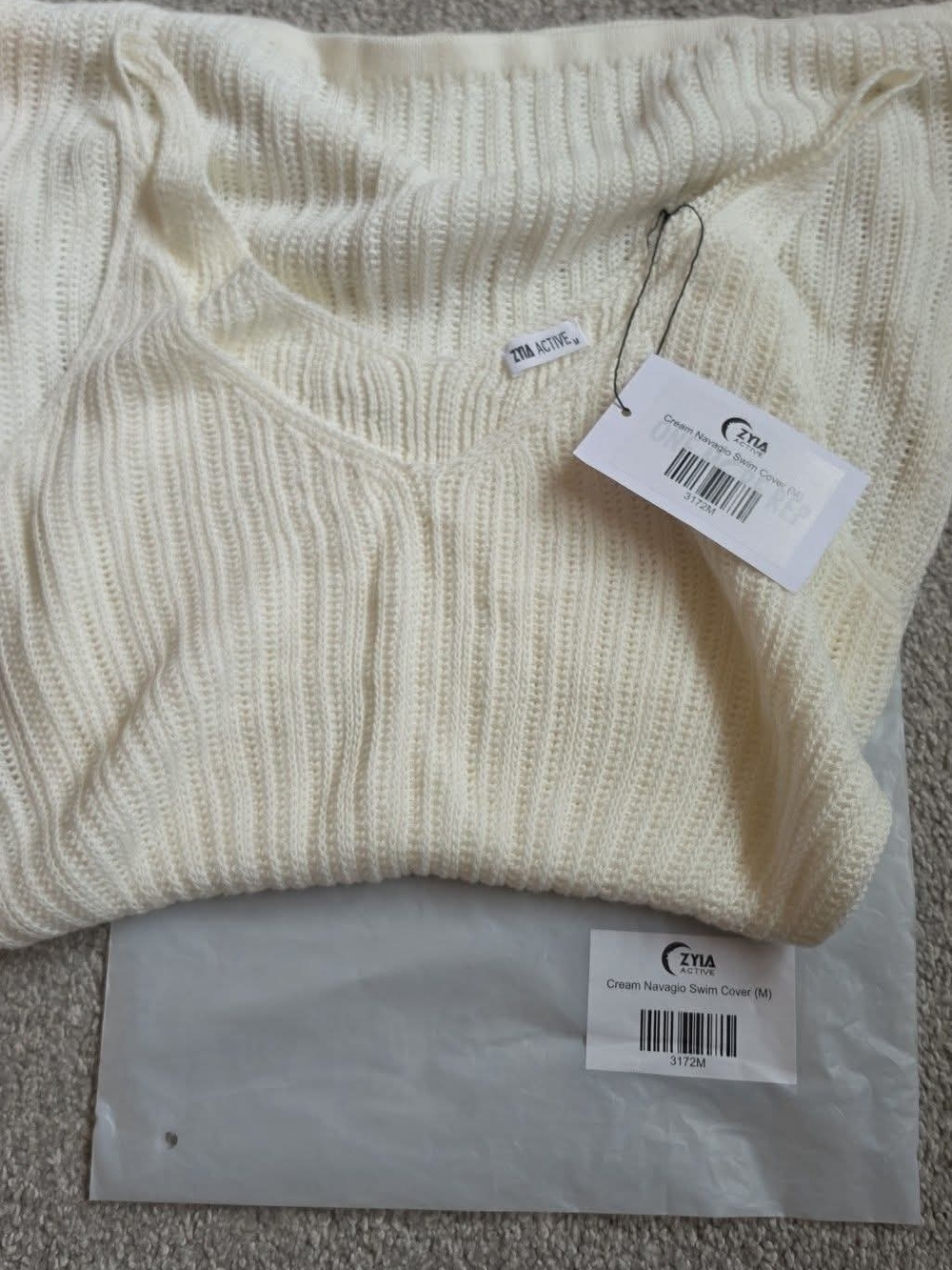 Zyia Active Cream Ribbed V-Neck Knit Sweater Coverup-nwt
